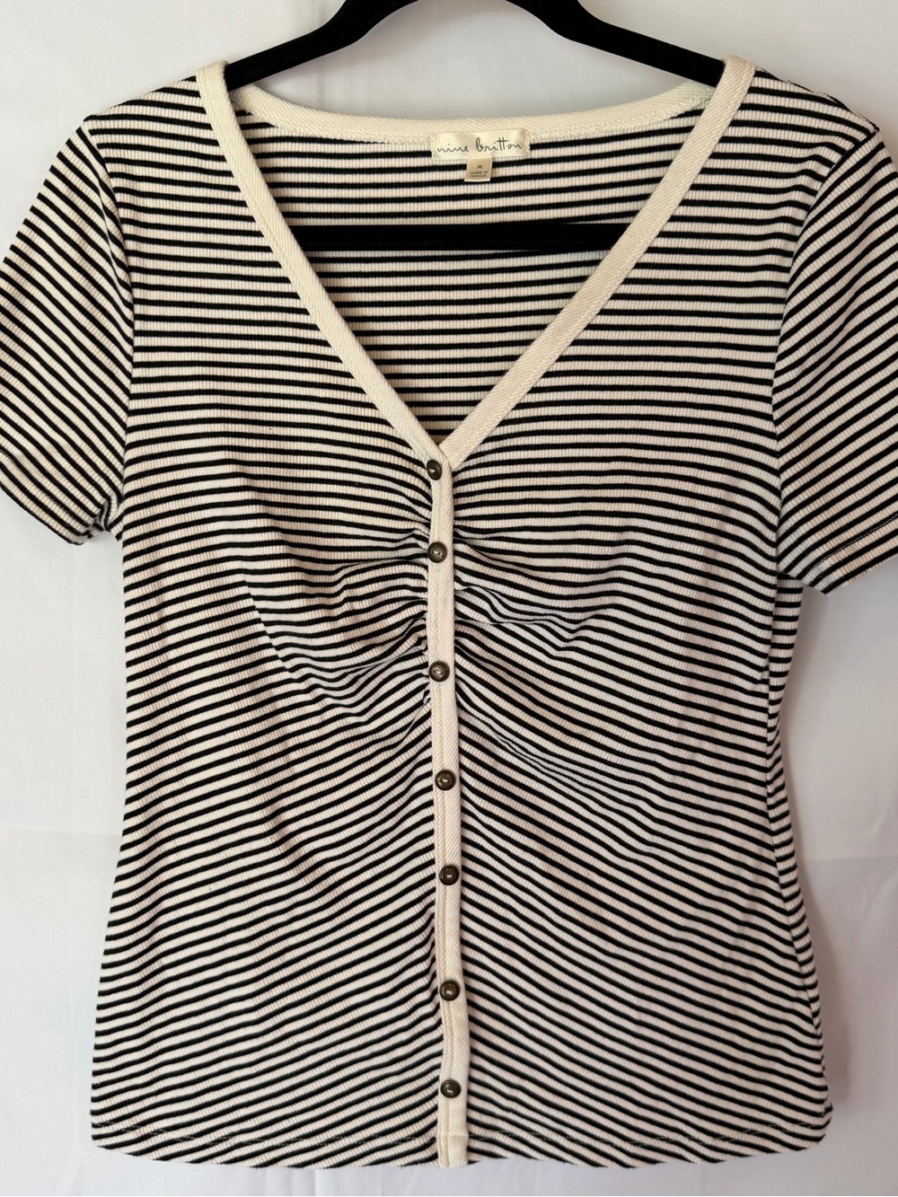 Nine Britton Y2K Ribbed Ruched Striped Short Sleeve V-neck Shirt Button Down Top